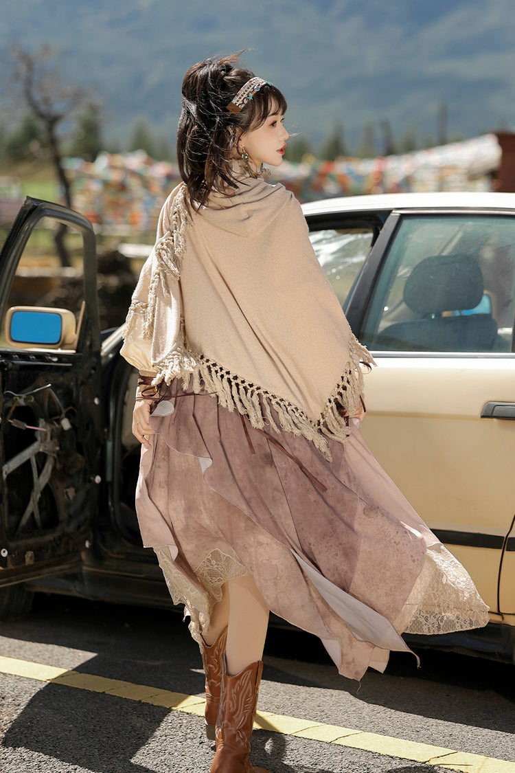 Brown Sunset Yellow Sand Print Irregular Asymmetric Vintage Lolita Dress Set