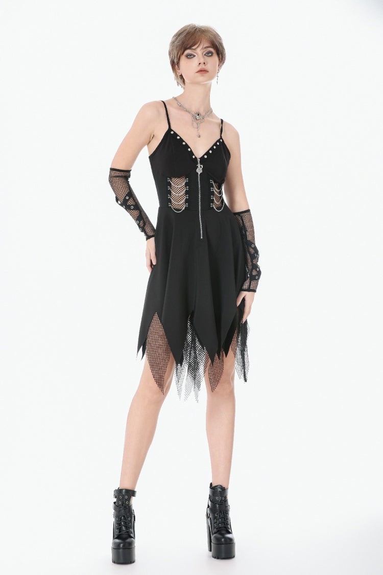 Studded Mesh Punk Slip Dress with Zippers