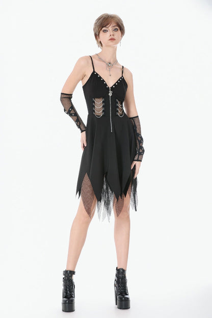 Studded Mesh Punk Slip Dress with Zippers