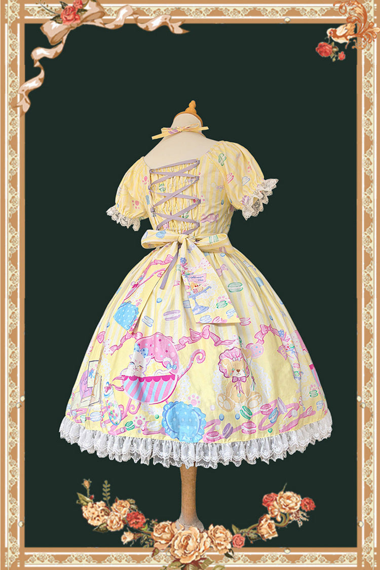 Macarons Dolly House Square Collar Short Lantern Sleeve Print Bow Sweet Lolita Dress in Yellow