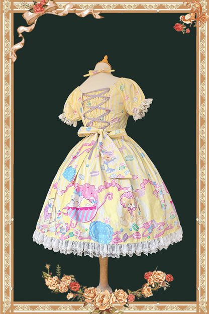 Macarons Dolly House Square Collar Short Lantern Sleeve Print Bow Sweet Lolita Dress in Yellow