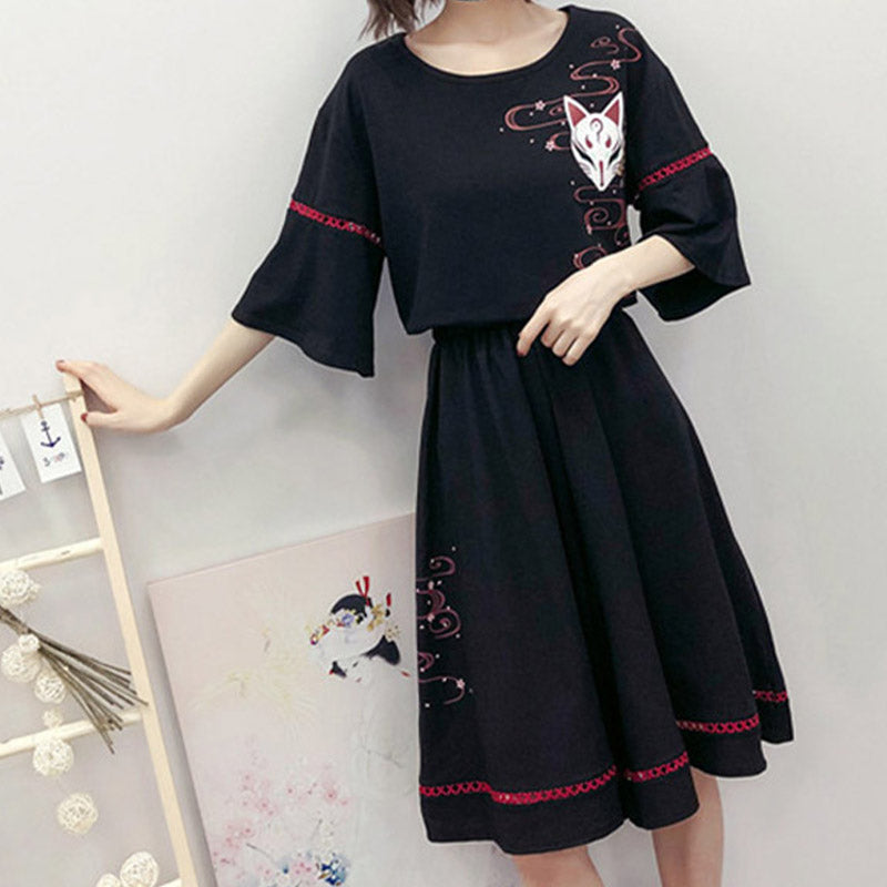 Black Sakura Fox Print Lace Up T-Shirt Wide Leg Pants