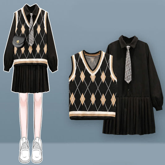 Dress Tie Print Vest Rhombus Lapel Set Pleated Shirt