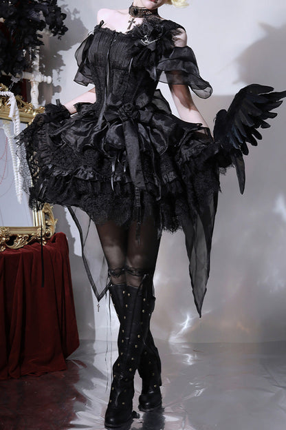 Black Rose Memoirs Sleeveless Multi-Layer Bow Lace Gothic Lolita Skirt Set