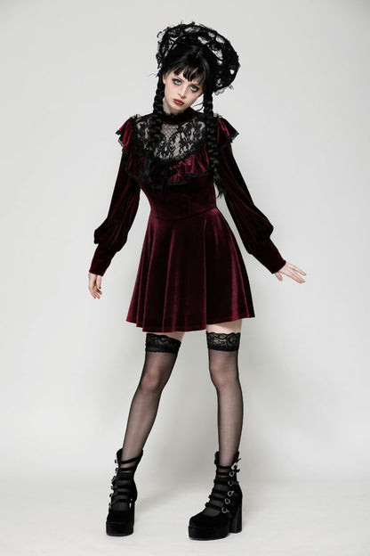 Crimson Knit Velvet Maxi Gown with Long Sleeves - Gothic Graduation Attire