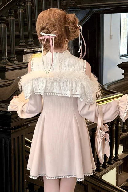 Pink Stand Collar Off-Shoulder Long Sleeve Lace Sweet Japanese Elegant Lolita Gown - Little Love Song
