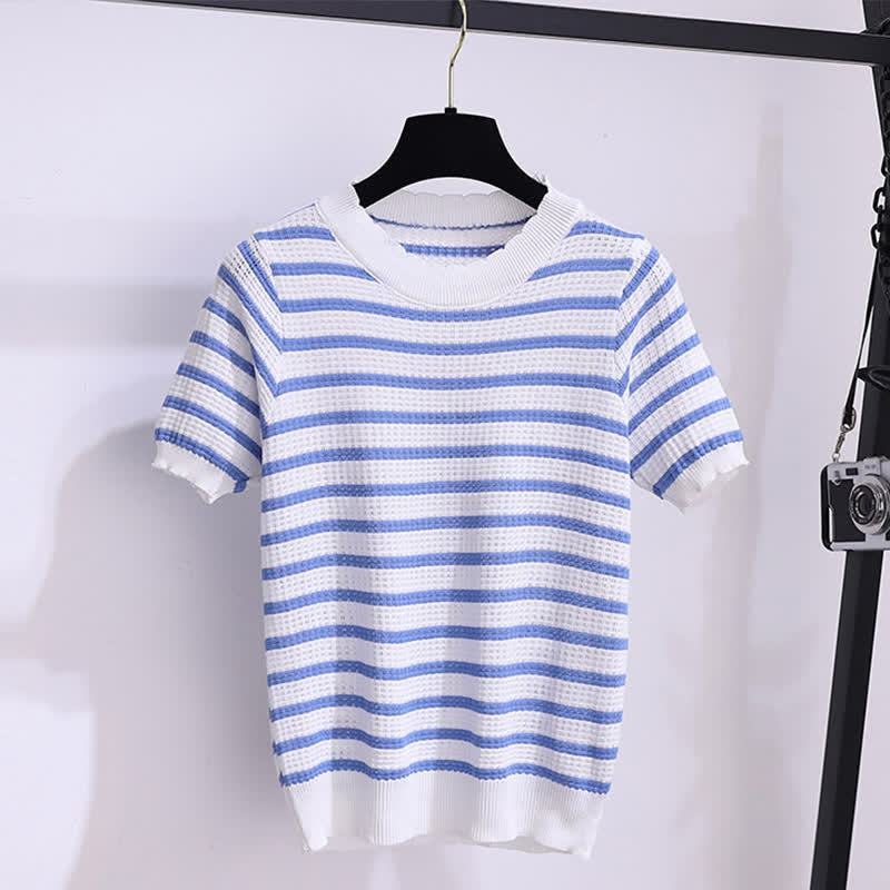 Skirt Stripe High Waist Denim Blue T-Shirt Knitted