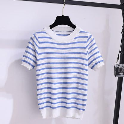 Skirt Stripe High Waist Denim Blue T-Shirt Knitted