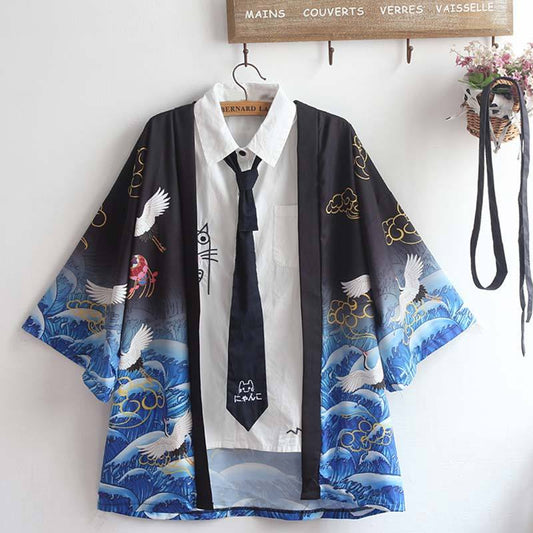 Crane Print Belted Kimono Outerwear Sun Protective