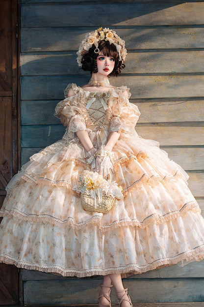 Rose Letter Off Shoulder Triple Layer Print Ruffle Hanayome Princess Lolita in Yellow