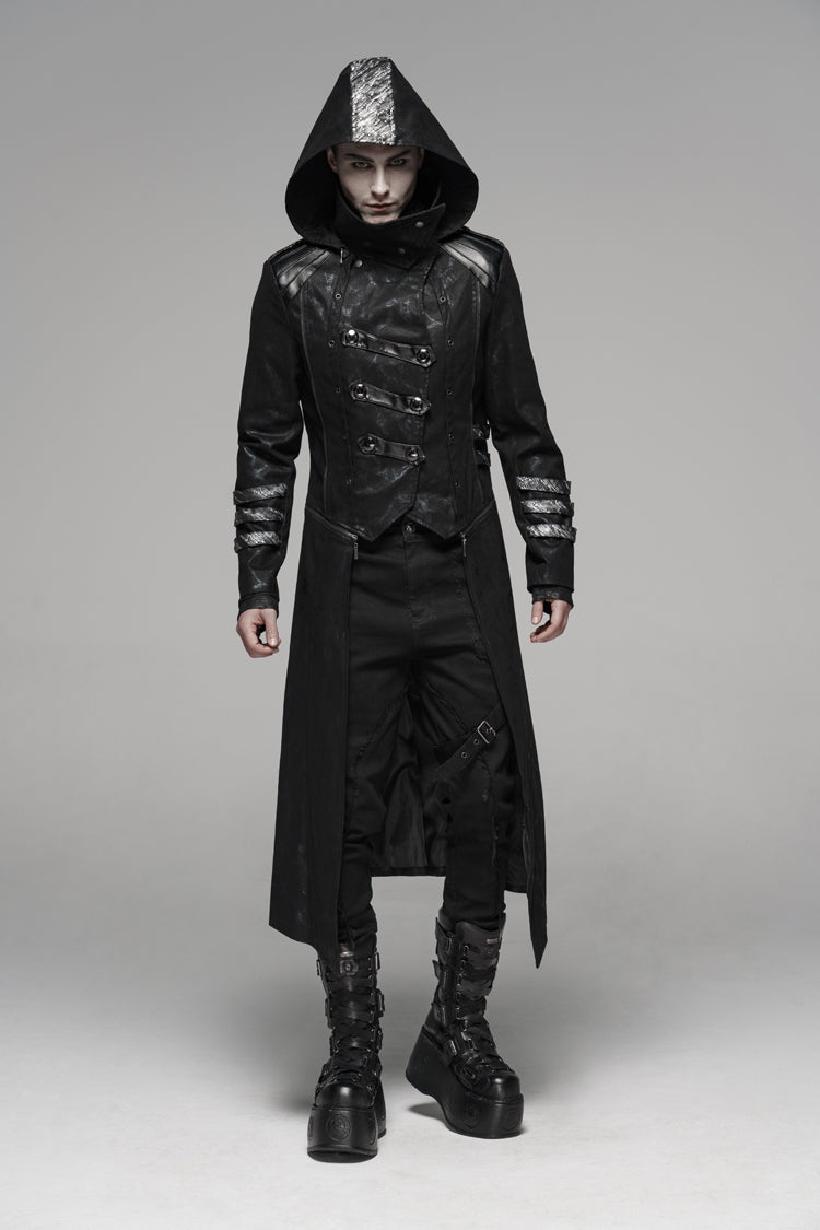 Men's Gothic Long Jacket with Hood and Stretch Twill
