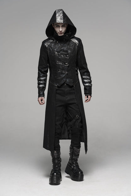 Men's Gothic Long Jacket with Hood and Stretch Twill