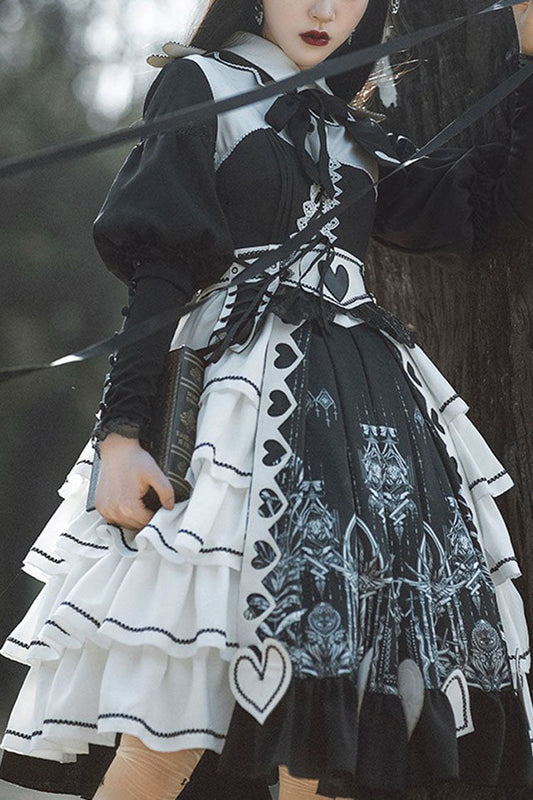 Retro Dark Eye-Print Op Dress with Love Motif - Kawaii