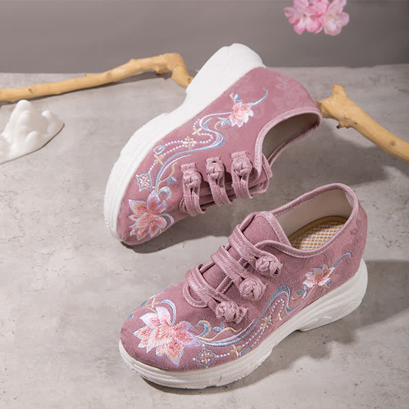 Pink Blossom Embroidery Buckle Platform High Heels Shoes