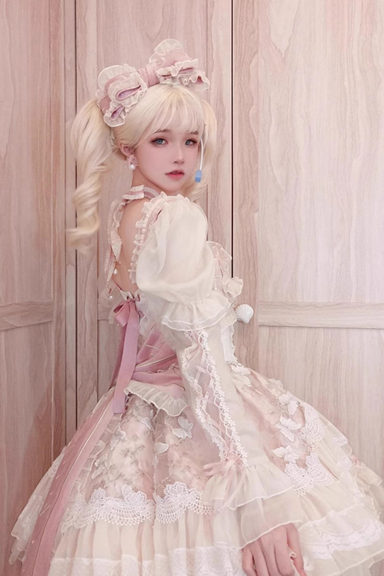 Pink Print Ruffle Cardigan Bow Lace Fishbone Sweet Lolita Gown - Lilibet