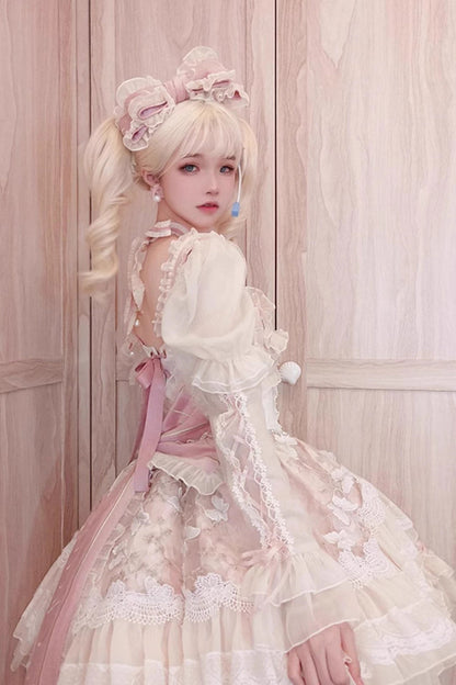 Pink Print Ruffle Cardigan Bow Lace Fishbone Sweet Lolita Gown - Lilibet