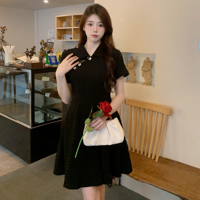 Elegant Black Lapel A-line Cheongsam Dress