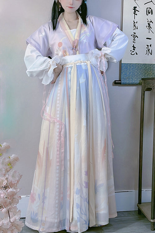 Classic Tang Collar Printed Hanfu Ensemble with Round Neck