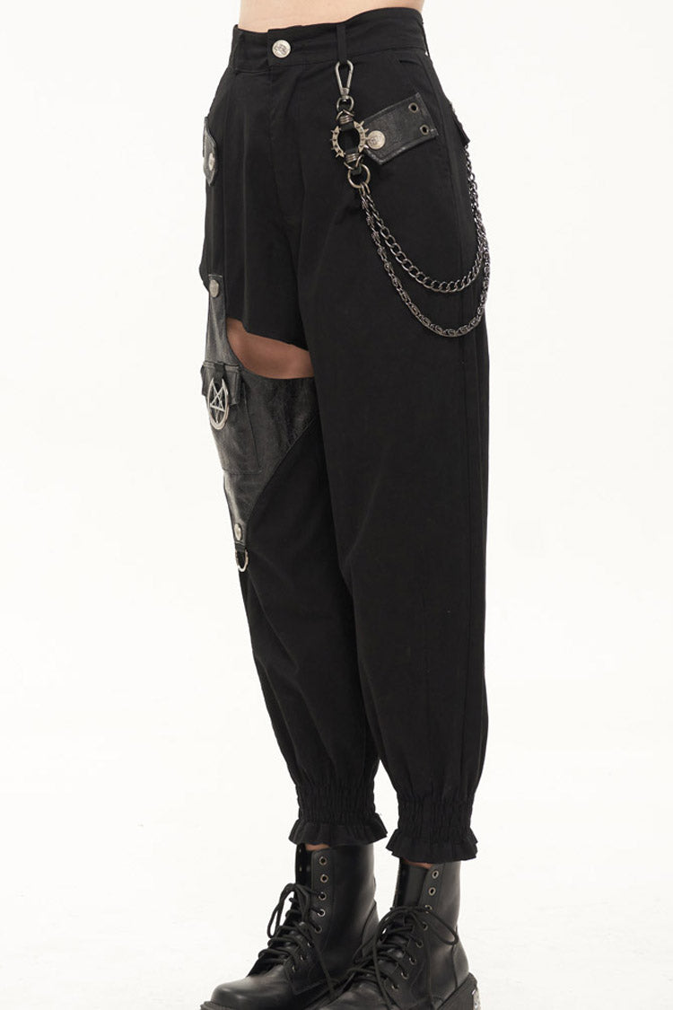 Womens Long Pants with Chain Accents and Leather Trim