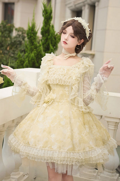 Golden Square-Collar Flutter-Sleeve Ruffled Lace Short Dress