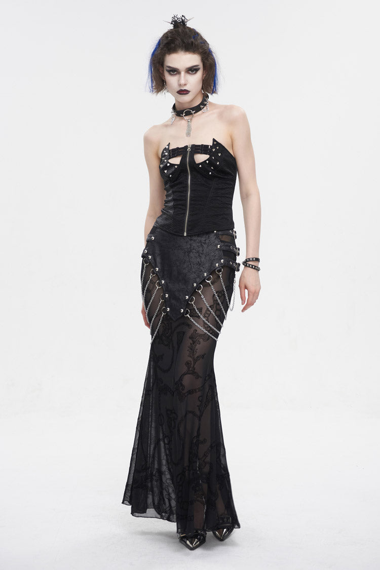 Gothic Fishtail Skirt with Sheer Panels and Chain Accents