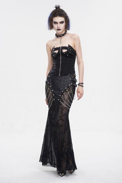 Gothic Fishtail Skirt with Sheer Panels and Chain Accents