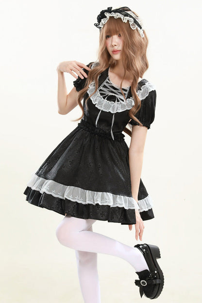 Lapel Collar Jacquard Ruffled Lace Gothic Dress