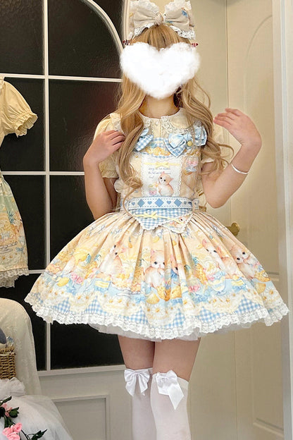 Pineapple Cat Print Sleeveless Bow Lace Sweet Lolita Strap Dress in Yellow