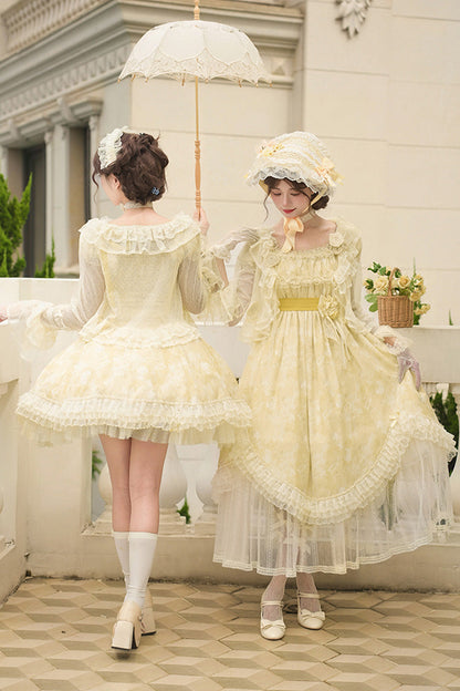 Golden Square-Collar Flutter-Sleeve Ruffled Lace Short Dress