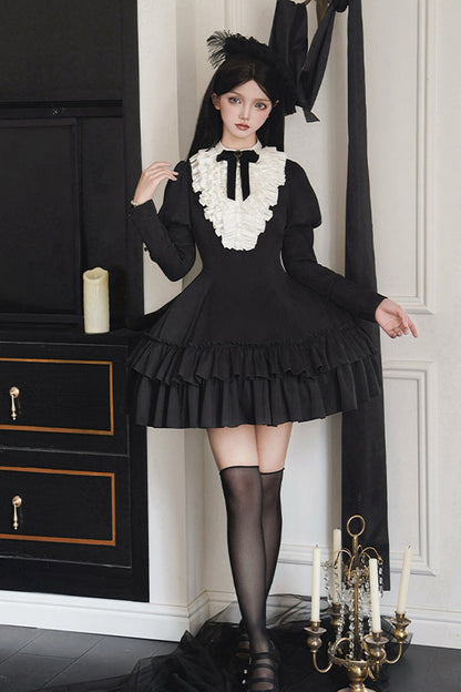 Stand Collar Double-Layered Ruffle Gothic Dress