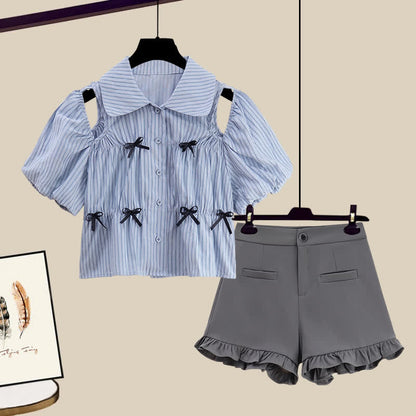 Hollow Puff Hem Shorts Lace T-Shirt Out Sleeve Stripe Bowknot