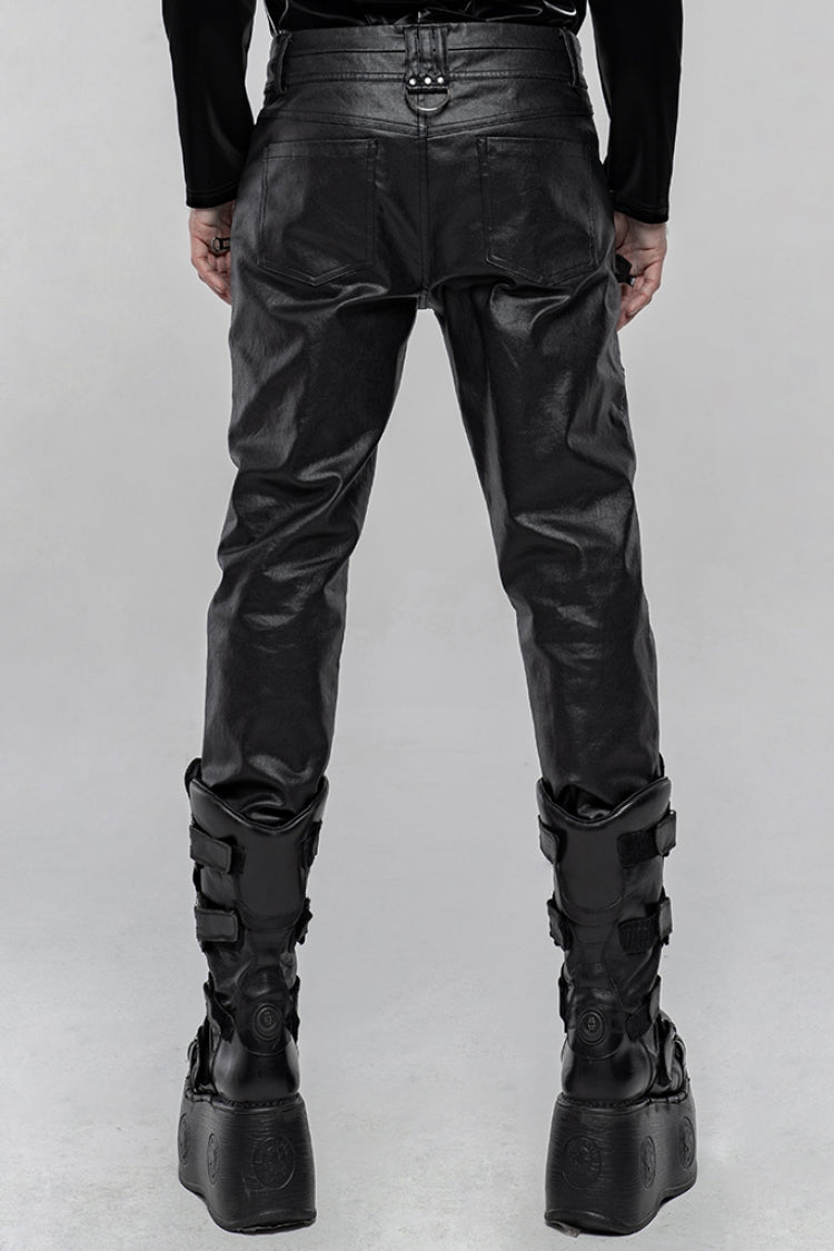 Men's Steampunk Pants with Metal Buckle and Side Zipper in Black Faux Leather