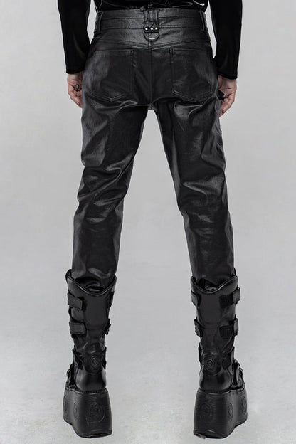 Men's Steampunk Pants with Metal Buckle and Side Zipper in Black Faux Leather