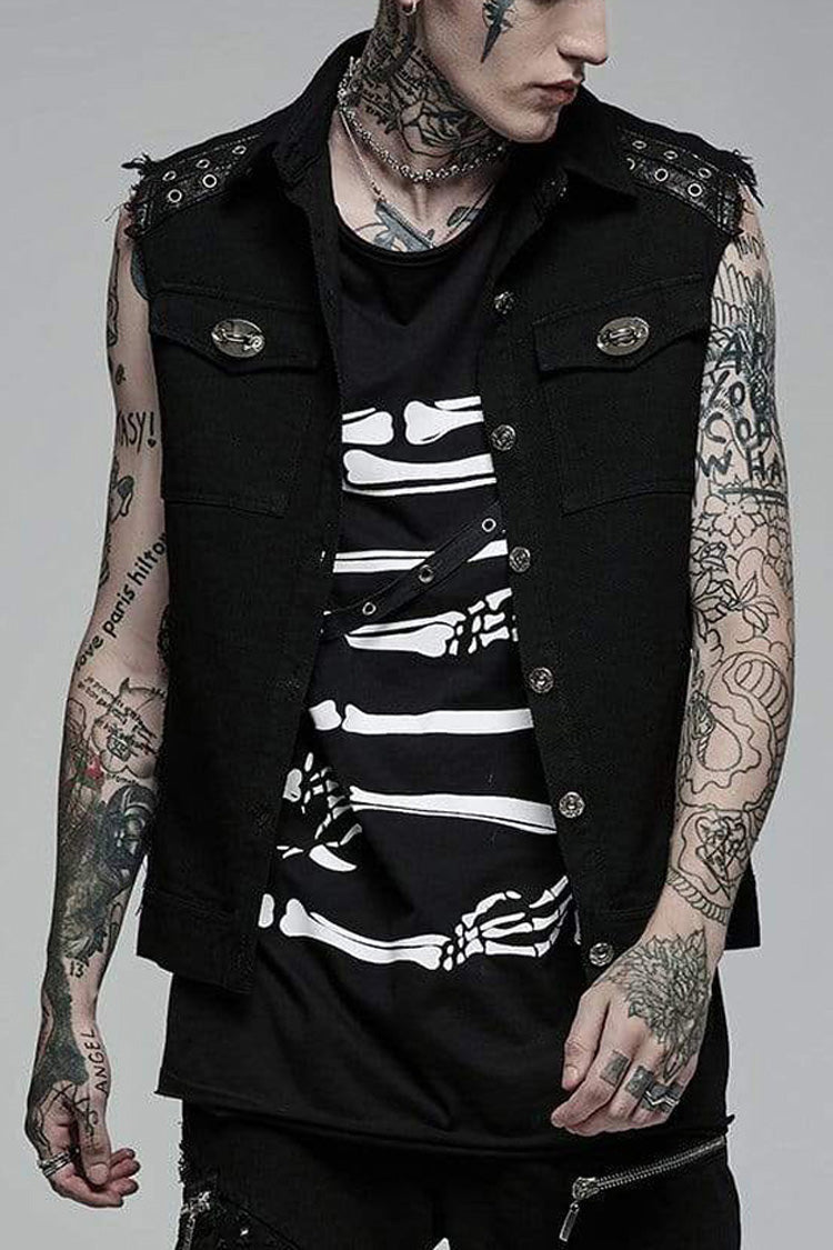 Mens Sleeveless Twill Vest with Flap Pockets and Metal Accents