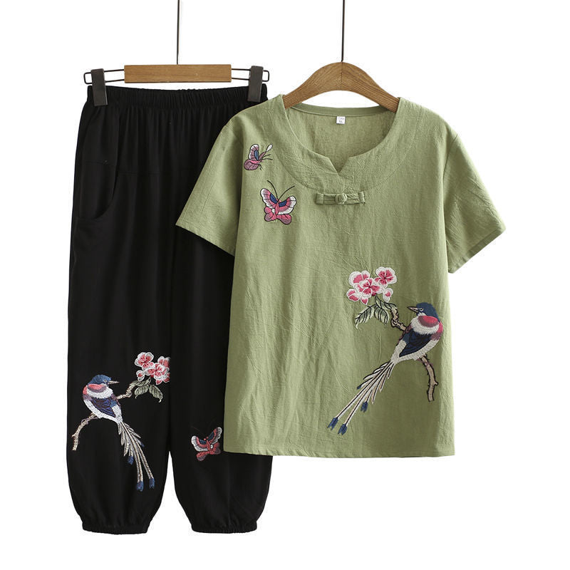 Ensemble t-shirt et pantalon avec boucle brodée d'oiseau vintage