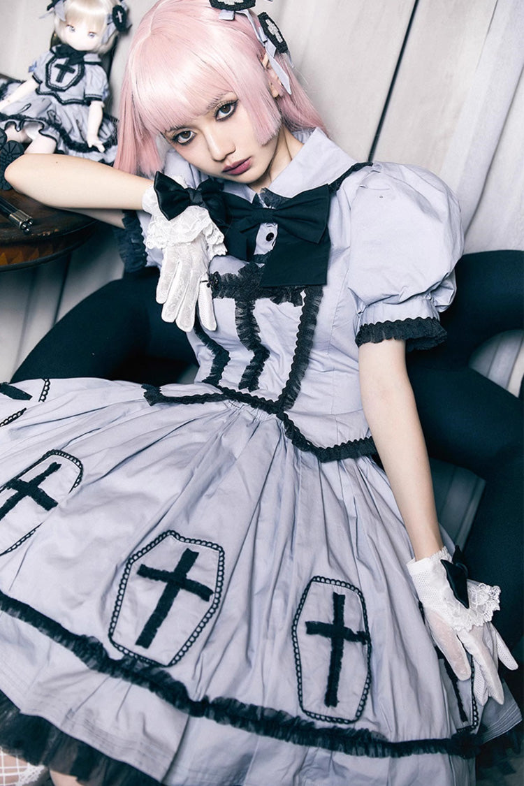 Grey Cross Short Puff Sleeves Two-Piece Gothic Lolita Dress