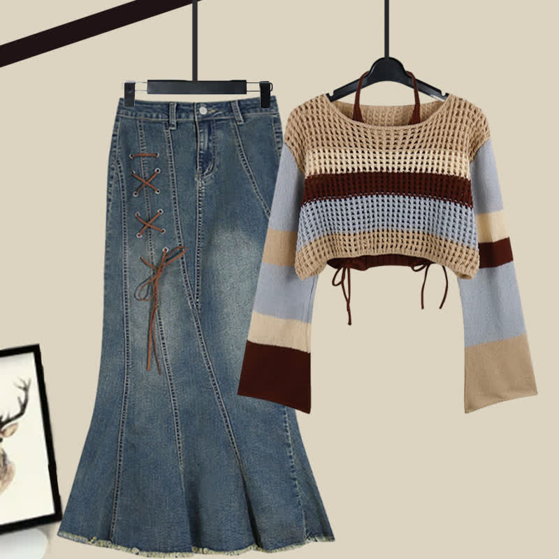 Hollow Out Stripe Top Halter String Fishtail Denim Skirt