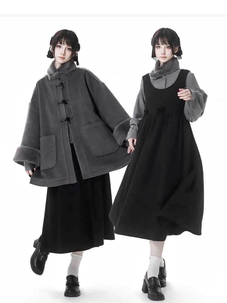 Gray Baggy Long Sleeves Plush Cuff Duffle Coat