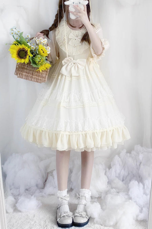 Beige Lace Angel Short-Sleeved Bow-Trim Ruffled Sweet Lolita Dress