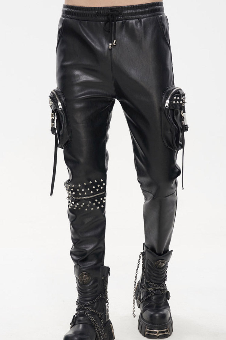 Rebel Rivet Zipper Pocket Faux Leather Cargo Trousers