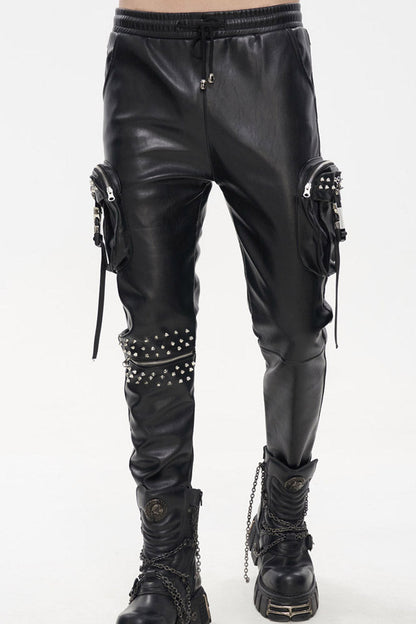 Rebel Rivet Zipper Pocket Faux Leather Cargo Trousers