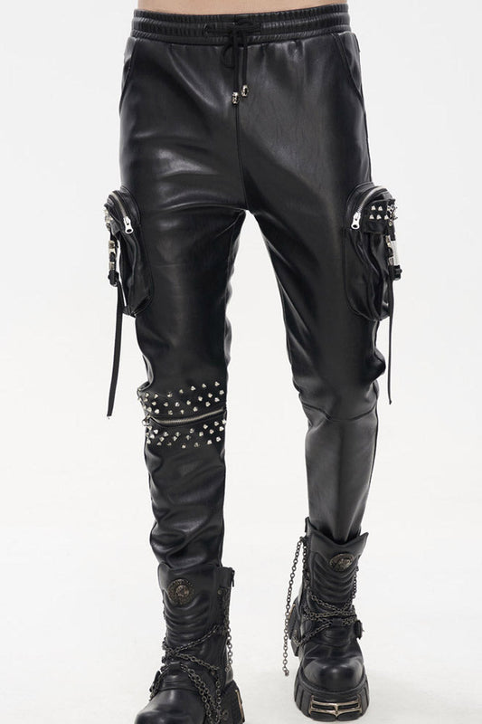 Rebel Rivet Zipper Pocket Faux Leather Cargo Trousers