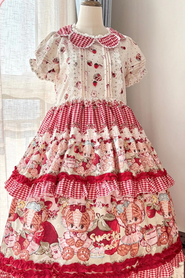 Bear Strawberry Ode Print Short Sleeve Double-Layered Ruffle Bow JSK