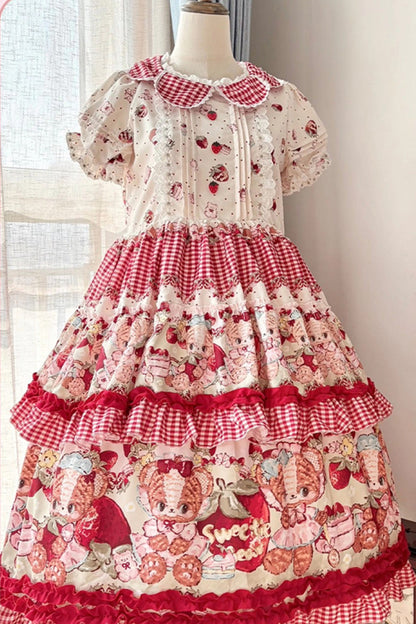 Bear Strawberry Ode Print Short Sleeve Double-Layered Ruffle Bow JSK