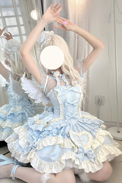Blue Heart of Butterfly Halterneck Sleeveless Multi-Layer Ruffle Embroidery Princess Ballet JSK Dress Set
