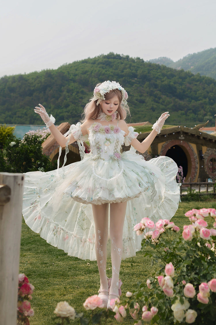 Emerald Layered Fishbone Lace-Up Lolita JSK - Spring Rose