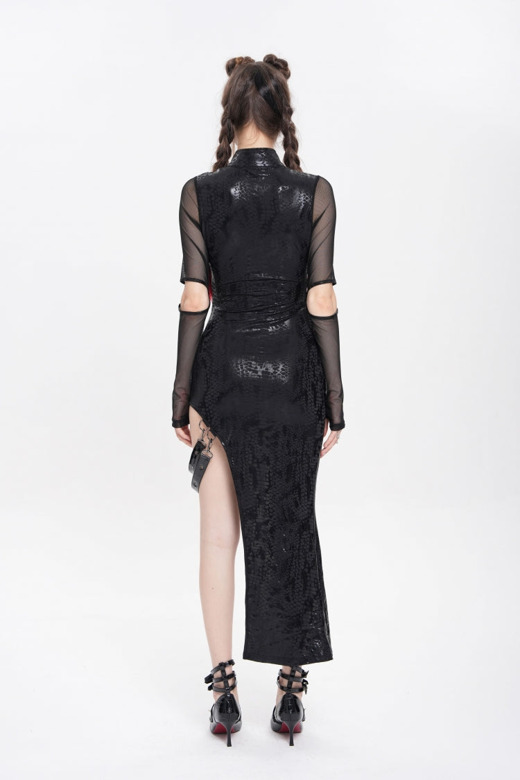 Stand Collar Long Sleeve Stitching Lace-Up Mesh Punk Dress