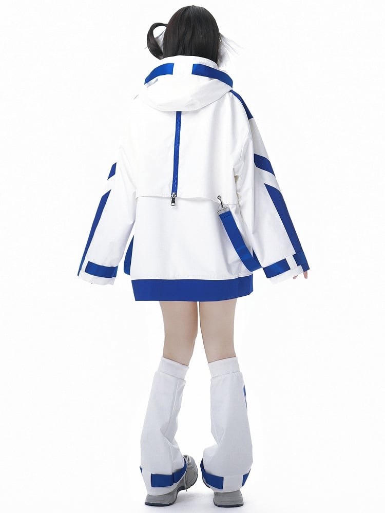 Blue and White Jirai Kei Techwear Straps Hooded Windbreaker Jacket