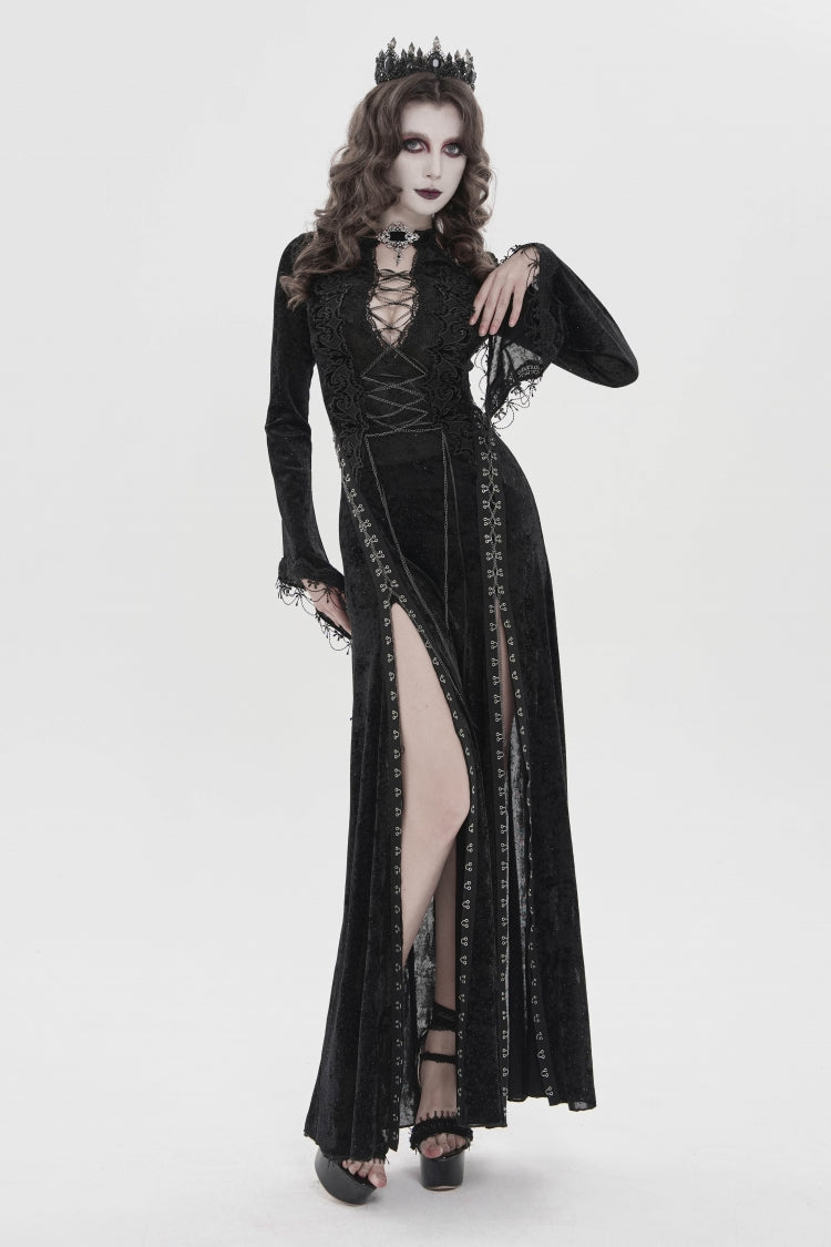 Halterneck Trumpet Sleeve Hanayome Lace Lace-Up Slim Chain Gothic Dress Plunging Split Maxi