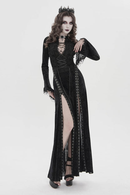 Halterneck Trumpet Sleeve Hanayome Lace Lace-Up Slim Chain Gothic Dress Plunging Split Maxi